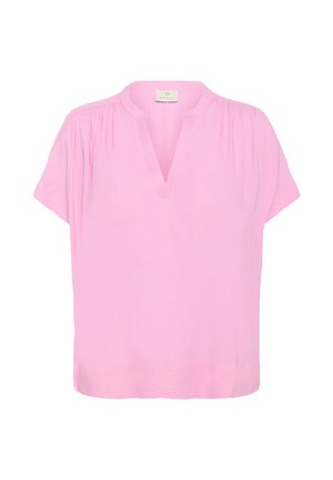 Blouse rose à manches courtes avec de subtils fronces aux épaules, un col sans col avec une fente en forme de V et un ourlet droit.