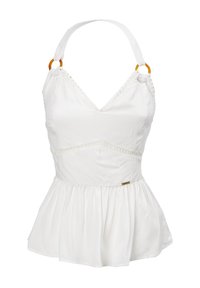 Witte mouwloze top met een V-hals, geraffineerde stof en een peplum stijl. Voorzien van gevlochten bandjes en ronde amberkleurige hardware accenten.