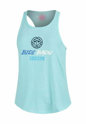 Camiseta deportiva sin mangas de color azul claro con logo tribal de cara negra y texto "Bidi Badu Padel" en el frente.