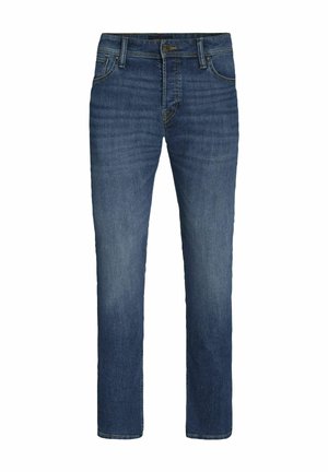 Temno modri naravnost krojeni kavbojke iz denima, ki imajo pet žepov, gumbasto zapiranje in subtilno bledenje po nogah.