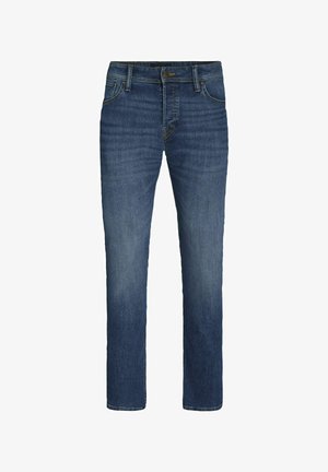 Sötétkék egyenes szárú farmernadrág, öt zsebbel, gombos zipzárral és enyhe kopással a lábak mentén.