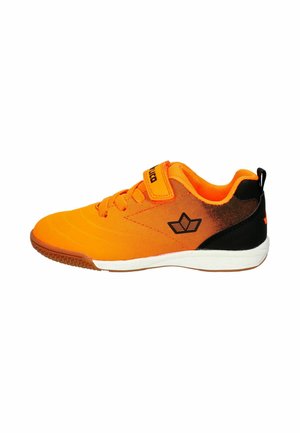 Bright orange sports shoe with black heel, white sole, lace-up and Velcro strap, featuring a black logo on the side.