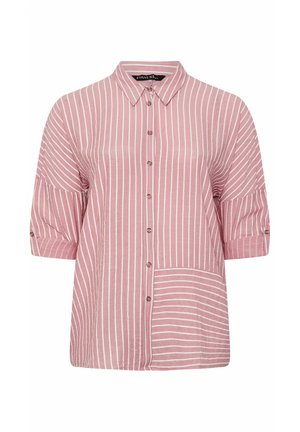 Roze overhemd met witte verticale strepen, driekwartmouwen met knoopsluitingen en contrasterende horizontale strepen op één borstzak.