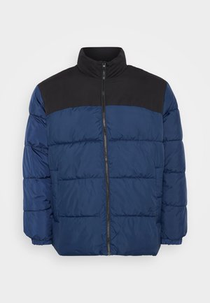 Padded Jacke in Navyblau mit schwarzem Oberteil. Verfügt über einen hohen Kragen, einen Reißverschluss vorne und elastische Bündchen. Glattes, leichtes Material.