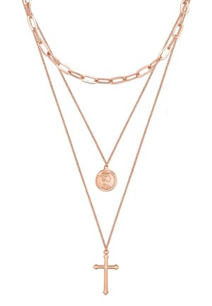 Layered rose gold necklace featuring a chain link design, a coin pendant depicting a figure, and a cross pendant, all with smooth textures.