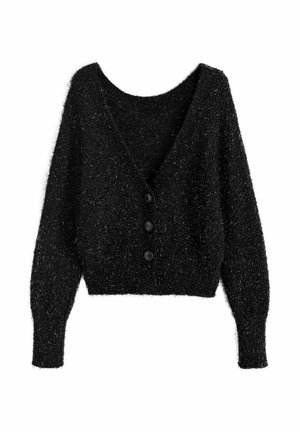 Fekete, rövidített kardigán, puha, texturált anyagból készült, hosszú ujjakkal, mély V nyakkal és öt fekete gombbal az elején.