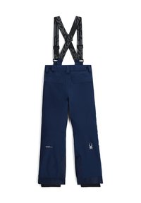 Pantalons de ski navy avec bretelles noires réglables, matériau étanche, coutures renforcées, deux poches arrière et détail de logo sur la jambe gauche.