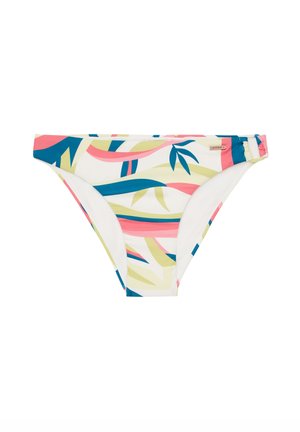 Bikini dolny w wzory z mieszanką różowych, zielonych i niebieskich fal na białym tle, z bocznym zapięciem umożliwiającym regulację dopasowania.