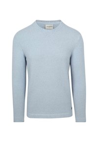 Lichtblauwe trui van zacht materiaal, met een ronde hals, lange mouwen en een effen textuur. Geen zichtbare patronen of accenten.