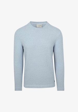 Lichtblauwe trui van zacht materiaal, met een ronde hals, lange mouwen en een effen textuur. Geen zichtbare patronen of accenten.