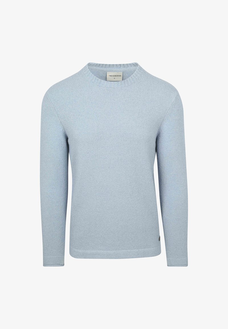 Hellblauer Pullover aus weichem Stoff, mit Rundhalsausschnitt, langen Ärmeln und einer schlichten Struktur. Keine sichtbaren Muster oder Akzente.