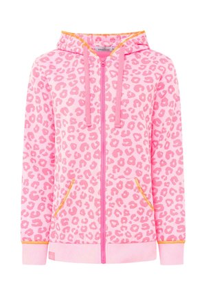 Rosa Kapuzenjacke zum Reißverschluss mit dunkler rosa Leopardenflecken, vorderen Taschen, Kapuze mit Kordeln und orangefarbenem Besatz an Bündchen und Taschenkanten.