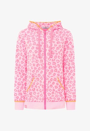 Rosa Kapuzenjacke zum Reißverschluss mit dunkler rosa Leopardenflecken, vorderen Taschen, Kapuze mit Kordeln und orangefarbenem Besatz an Bündchen und Taschenkanten.