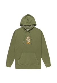 Felpa verde oliva realizzata in tessuto morbido, con tasca a marsupio frontale, cappuccio con coulisse e una grafica di teschio arancione sul petto.