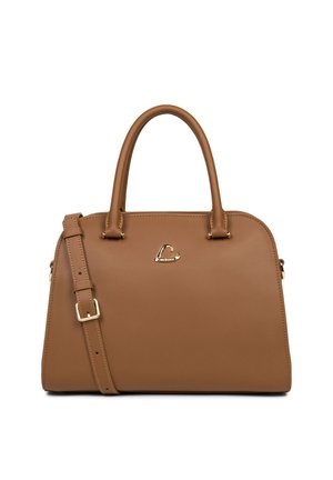 Borsa in finta pelle marrone con doppio manico superiore, una tracolla removibile e dettagli in metallo dorato. Presenta un accento con logo curvo sul fronte.
