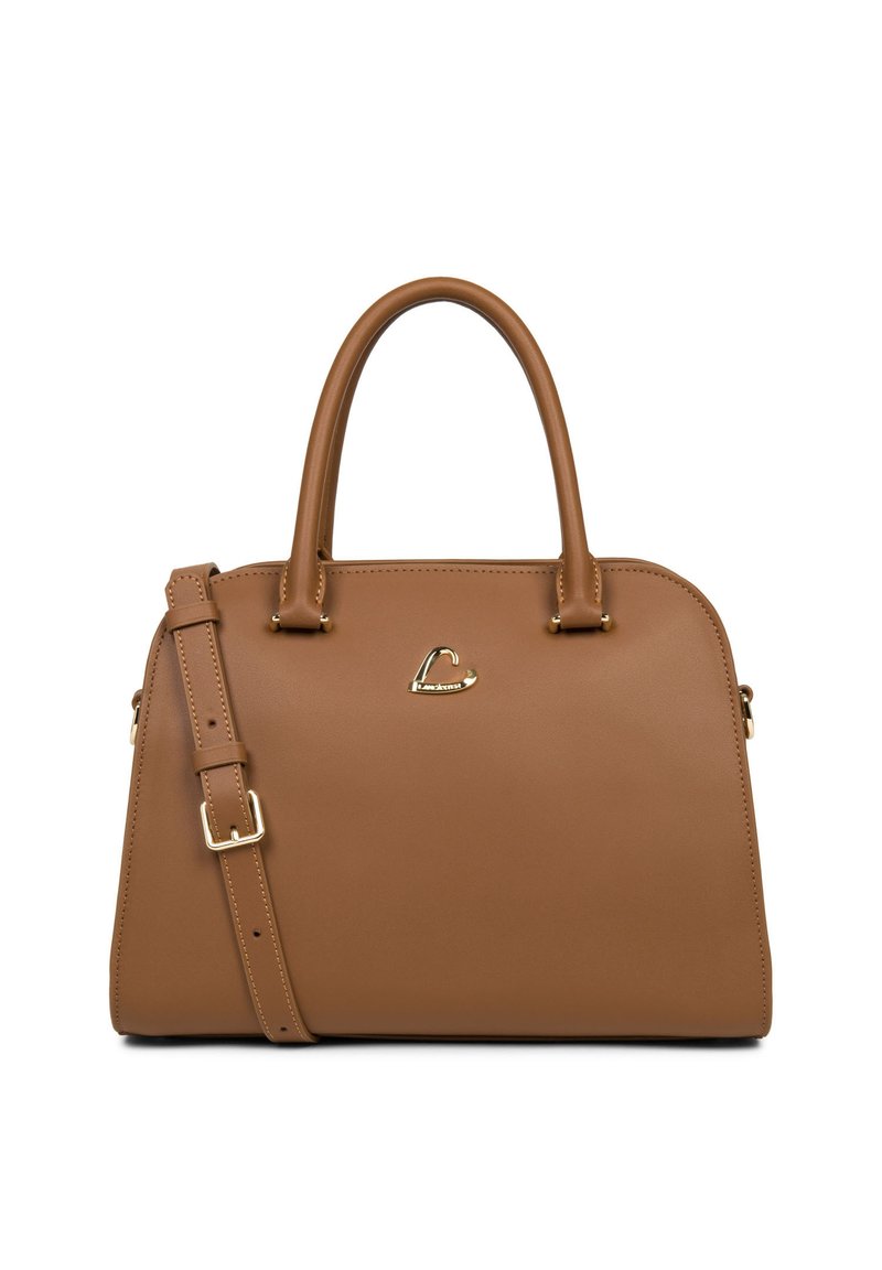 Bruine nepleren handtas met dubbele bovenhandvatten, een afneembare schouderriem en gouden hardware. Heeft een gebogen logo-accent aan de voorkant.