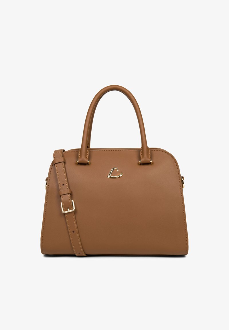 Bruine nepleren handtas met dubbele bovenhandvatten, een afneembare schouderriem en gouden hardware. Heeft een gebogen logo-accent aan de voorkant.