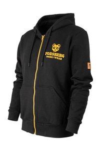 Sudadera con cremallera negra de mezcla de algodón, con logo y texto en amarillo, bolsillos frontales y puños y dobladillo acanalados. La cremallera es de color dorado.