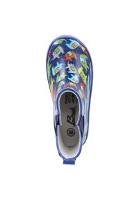 Blauwe rubberen laars met kleurrijke dierenpatronen, ronde neus, gestructureerd oppervlak en een trekband aan de achterkant voor gemakkelijke toegang. Maat 26.