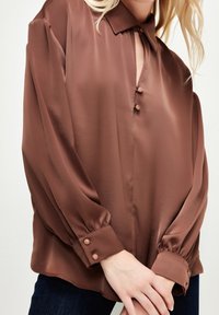 Brun silke bluse med krave, knapstolpe og lange ærmer med knapmanchetter. Glat tekstur og afslappet pasform.