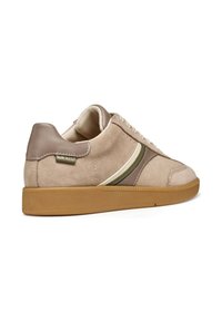 Sneaker in suede beige con tallone in pelle marrone e striscia di accento verde. Presenta una suola in gomma testurizzata e lacci bianchi. Marchio Geox visibile.