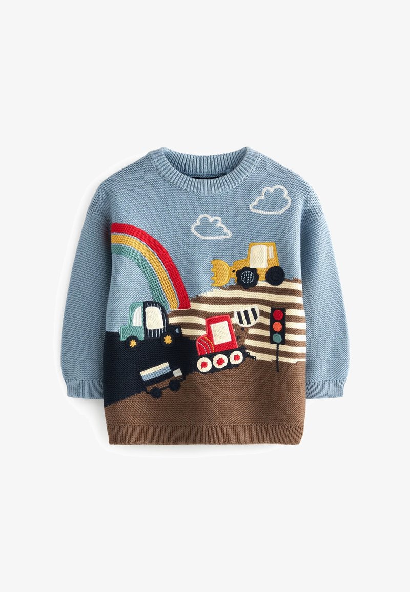 Pull bleu tricoté pour enfants avec des véhicules de chantier brodés, un arc-en-ciel, un feu de circulation et des nuages sur fond marron et rayé.