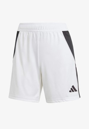 Balti sportiniai šortai su juodu šoniniu įnašu, pagaminti iš lengvos medžiagos. Yra elastinga juosmens juosta ir juodas Adidas logotipas ant apatinės kojos.