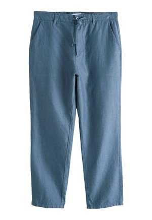 Blue casual pants with drawstring waist, button closure, and side pockets, straight-leg fit, displayed against white background.