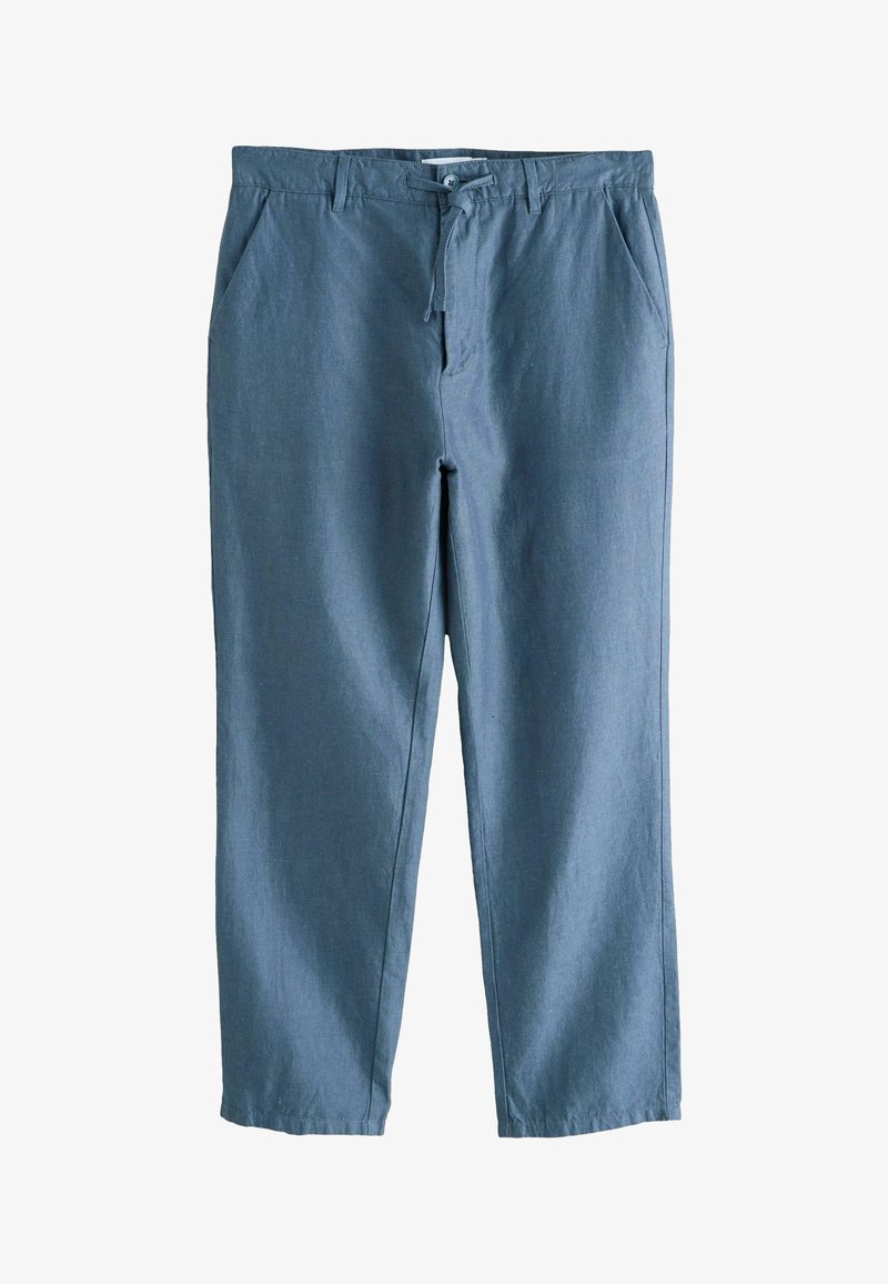 Pantalones casuales azules con cintura de cordón, cierre de botón y bolsillos laterales, corte recto, mostrados sobre fondo blanco.