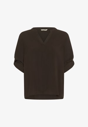 Barna, rövid ujjú blúz V nyakkivágással, könnyű anyagból készült. Hengergumiból készült ujjak és laza fazon jellemzi. Minták vagy fémalkatrészek nem láthatók.