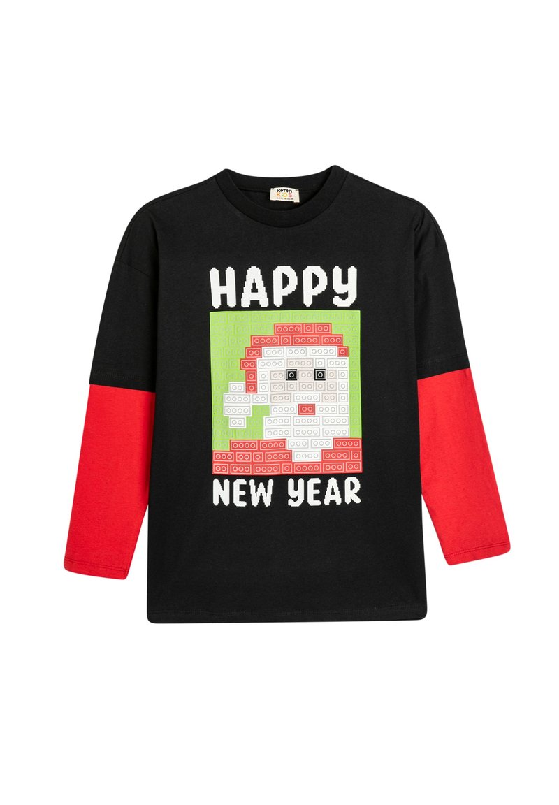 Schwarzes Langarm-T-Shirt mit roten Ärmeln. Mit einem Santa-Motiv und dem Text "FROHES NEUES JAHR" in Weiß auf grünem Hintergrund.