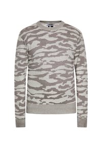 Maglione a girocollo in grigio e crema, con motivo camouflage. Realizzato in tessuto morbido con polsini e orlo a costine per un aspetto aderente.