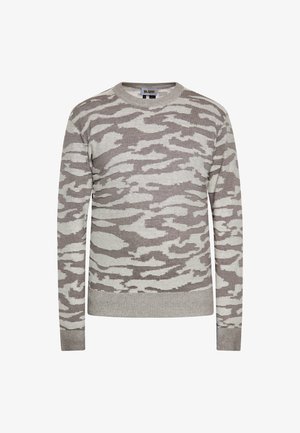 Sweter okrągły w kolorze szarym i kremowym, z wzorem w kamuflaż. Wykonany z miękkiego materiału, z prążkowanymi mankietami i dołem dla dopasowanego wyglądu.