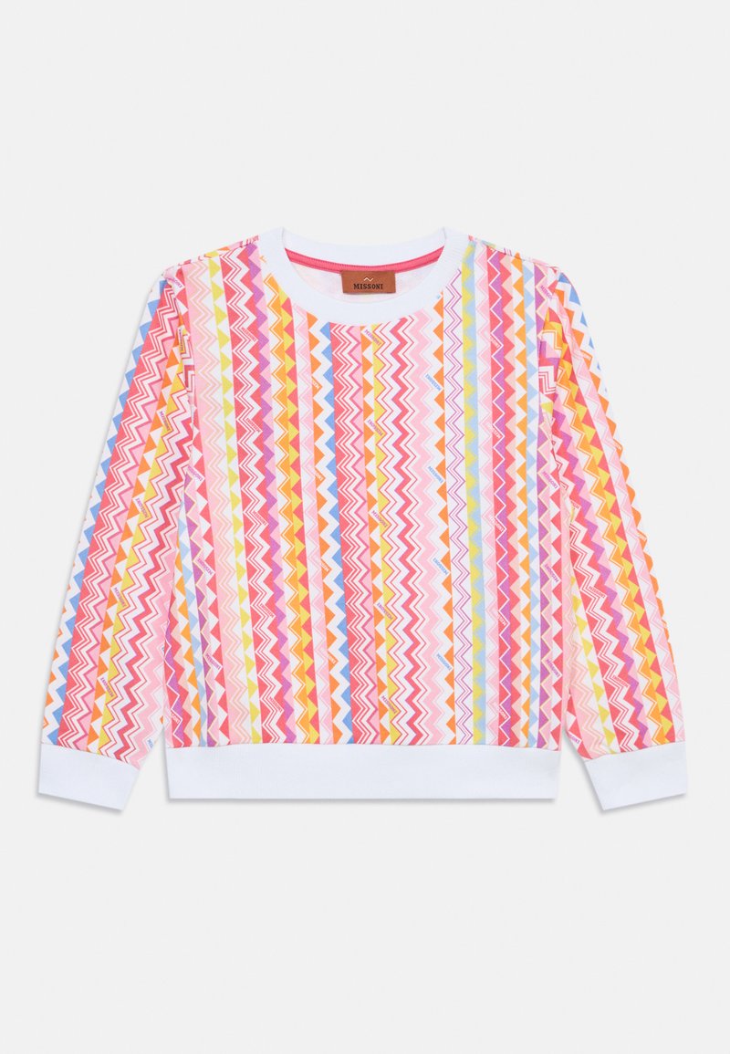 Večbarvna trenirka z zigzag vzorcem v roza, rumenih in modrih odtenkih. Ima okroglo ovratnico ter bele rebraste manšete in spodnji rob.
