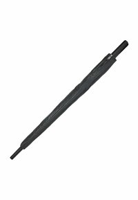 Parapluie compact noir avec un manche mince, recouvert d'une housse en tissu noir texturé, dotée d'une fermeture éclair pour un rangement sécurisé.