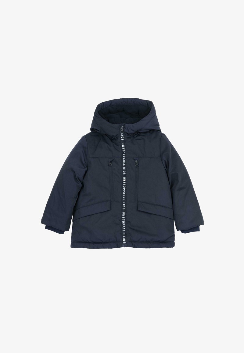 Veste matelassée bleu marine à capuche pour enfants avec zips avant et texte "UNSTOPPABLE KIDS" sur la bande centrale de la fermeture éclair.