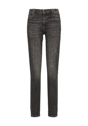 Skinny jeans in a dark gray color, made of denim with a subtle faded texture. Features front pockets, a zipper fly, and belt loops.