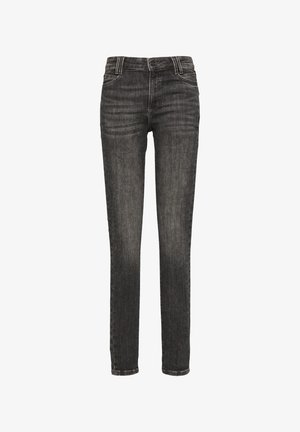 Skinny jeans in a dark gray color, made of denim with a subtle faded texture. Features front pockets, a zipper fly, and belt loops.