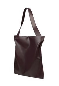 Burgundy faux leather tote bag with a smooth texture, minimalist design, and a single wide strap for shoulder carrying.