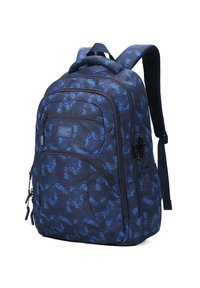 Zaino blu navy con un motivo geometrico, numerosi scomparti con zip, spallacci imbottiti e una finitura testurizzata.