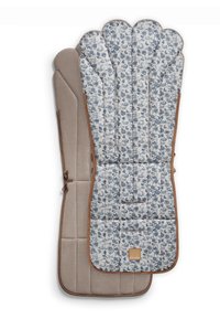 Bebek arabası astarı, bej ve mavi çiçek deseninde, yastıklı. Yumuşak dokuya sahip olup, peluş arka yüzeyi ve güvenli bağlama için bağları bulunmaktadır.