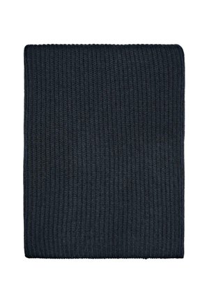Dark blue knitted blanket with a textured ribbed pattern, featuring a square shape and a soft appearance.