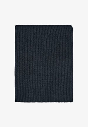 Coperta lavorata a maglia di un blu scuro con un motivo a coste testurizzato, caratterizzata da una forma quadrata e un aspetto morbido.