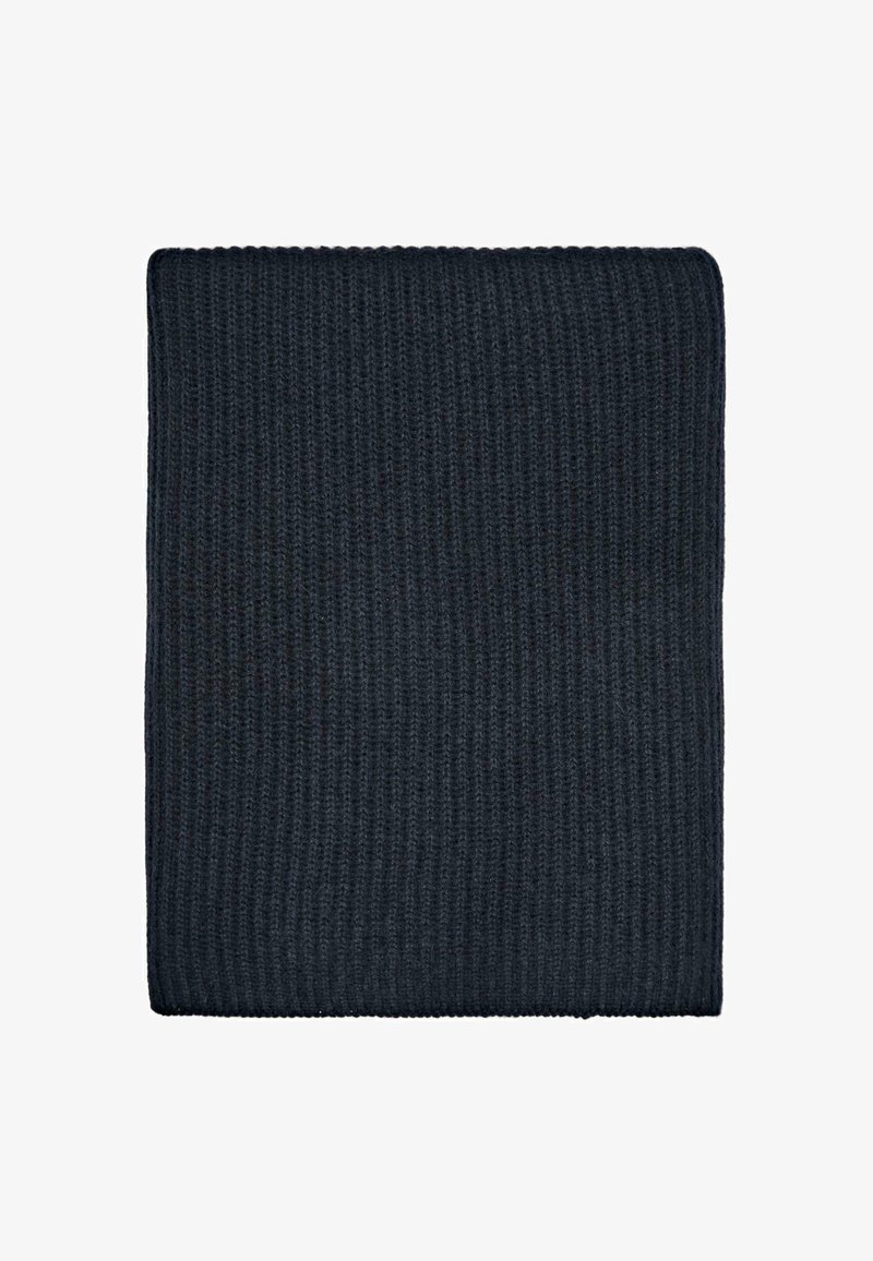 Couverture tricotée bleu foncé avec un motif en côtes texturé, de forme carrée et d'apparence douce.