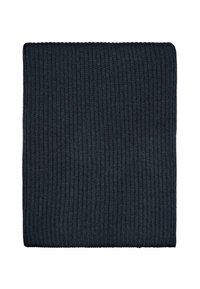 Coperta lavorata a maglia di un blu scuro con un motivo a coste testurizzato, caratterizzata da una forma quadrata e un aspetto morbido.