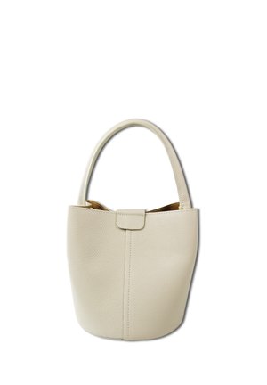 Cream-colored leather tote bag with a textured finish, rounded handles, and a simple magnetic closure. Minimalist design with no embellishments.