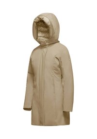 Giacca impermeabile beige con colletto alto, grande cappuccio e tasche laterali. Materiale liscio con silhouette aderente e design minimalista.