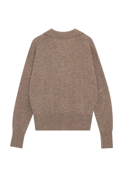 Brown knit sweater with long sleeves, a round neckline, and ribbed cuffs. Smooth texture, cropped design, and no visible patterns or embellishments.