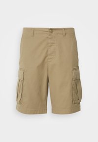 Shorts cargo kaki en tissu coton, avec poches latérales, ceinture à bouton, coutures plates et coupe droite.