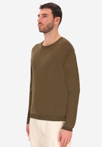 Maglione a maniche lunghe di colore verde oliva con scollatura rotonda e orlo a coste. Tessuto morbido, vestibilità comoda e design minimalista.